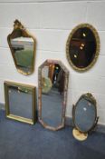 FOUR GILT FRAMED WALL MIRRORS, of various shapes and styles, a French style gilt metal oval dressing