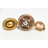 THREE VICTORIAN BROOCHES, to include a yellow metal openwork and beaded brooch set with banded agate