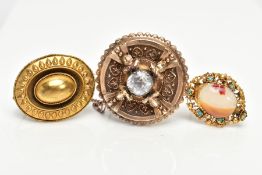 THREE VICTORIAN BROOCHES, to include a yellow metal openwork and beaded brooch set with banded agate