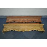 TWO PINE PELMETS with foliate decoration, one stained, length 150cm