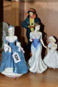 FOUR ROYAL DOULTON, ROYAL WORCESTER AND COALPORT LADY / GIRL FIGURES, comprising a resin Royal