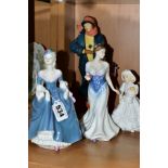 FOUR ROYAL DOULTON, ROYAL WORCESTER AND COALPORT LADY / GIRL FIGURES, comprising a resin Royal
