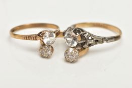 THREE 9CT GOLD CUBIC ZIRCONIA RINGS, to include a torque ring and a single stone ring, each with a