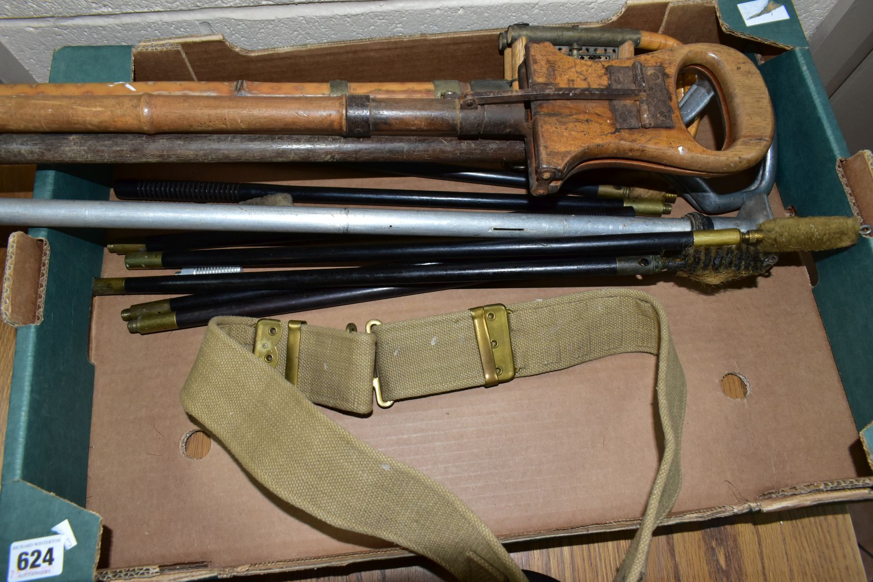 A BOX OF SHOOTING RELATED ITEMS, to include three hardwood two part gun cleaning rods with fittings, - Image 2 of 3