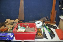 TWO BOXES OF TOOLS to include hammers, files, bolt croppers, T-squares, saws, drill bits, a
