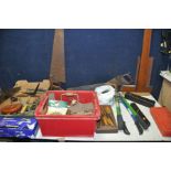 TWO BOXES OF TOOLS to include hammers, files, bolt croppers, T-squares, saws, drill bits, a