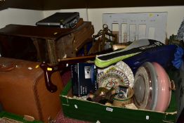 TWO BOXES AND LOOSE SEWING MACHINE, SMOKERS CABINET, BED TRAY, METALWARES, GLASS AND SUNDRY ITEMS,