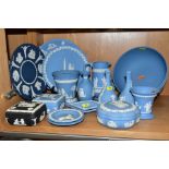 SEVENTEEN PIECES OF WEDGWOOD JASPERWARE, mostly pale blue, includes a dark blue plate, diameter 20.