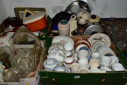 FIVE BOXES AND LOOSE CERAMICS, GLASS AND METALWARES, to include a twenty two piece Poole Pottery