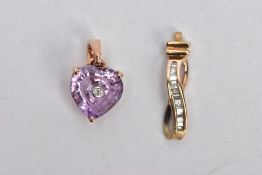 A ROSE METAL AND A YELLOW METAL PENDANT, a fancy cut amethyst with a central bezel set round