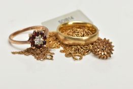 A 9CT GOLD CLUSTER RING AND OTHER JEWELLERY, the cluster of a flower shape, set with a central