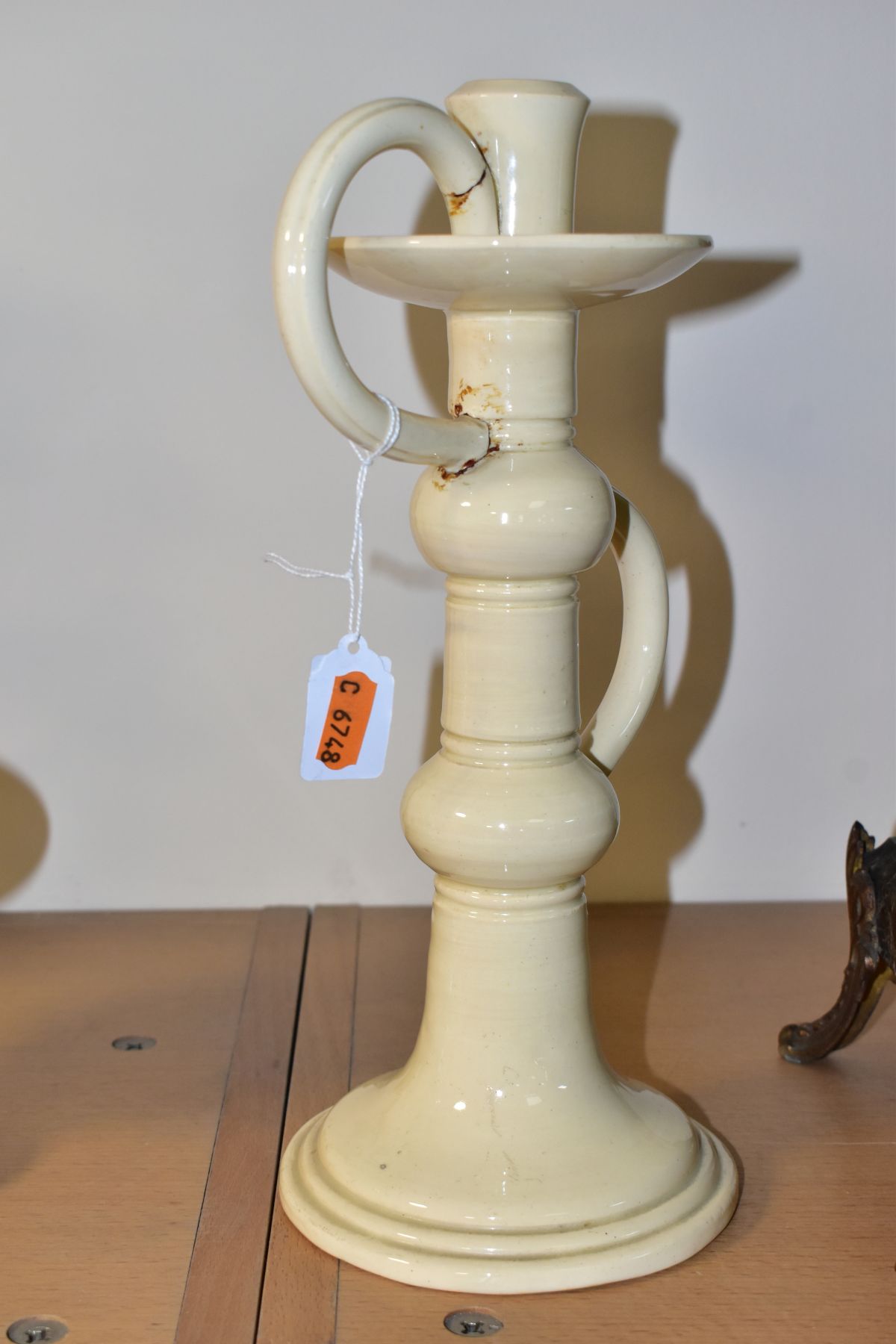 A WILEMAN & CO FOLEY FAIENCE ART POTTERY CANDLESTICK IN A CREAM 'SPANO-LUSTRA' GLAZE, with two - Image 2 of 3