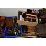 SEVEN BOXES OF ANTIQUE AND VINTAGE CAMERAS, to include a Zeiss Ikon sheet film camera with Compur