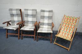 THREE TEAK FOLDING GARDEN CHAIRS, with patterned removable cushions, and a 1970's folding deck chair