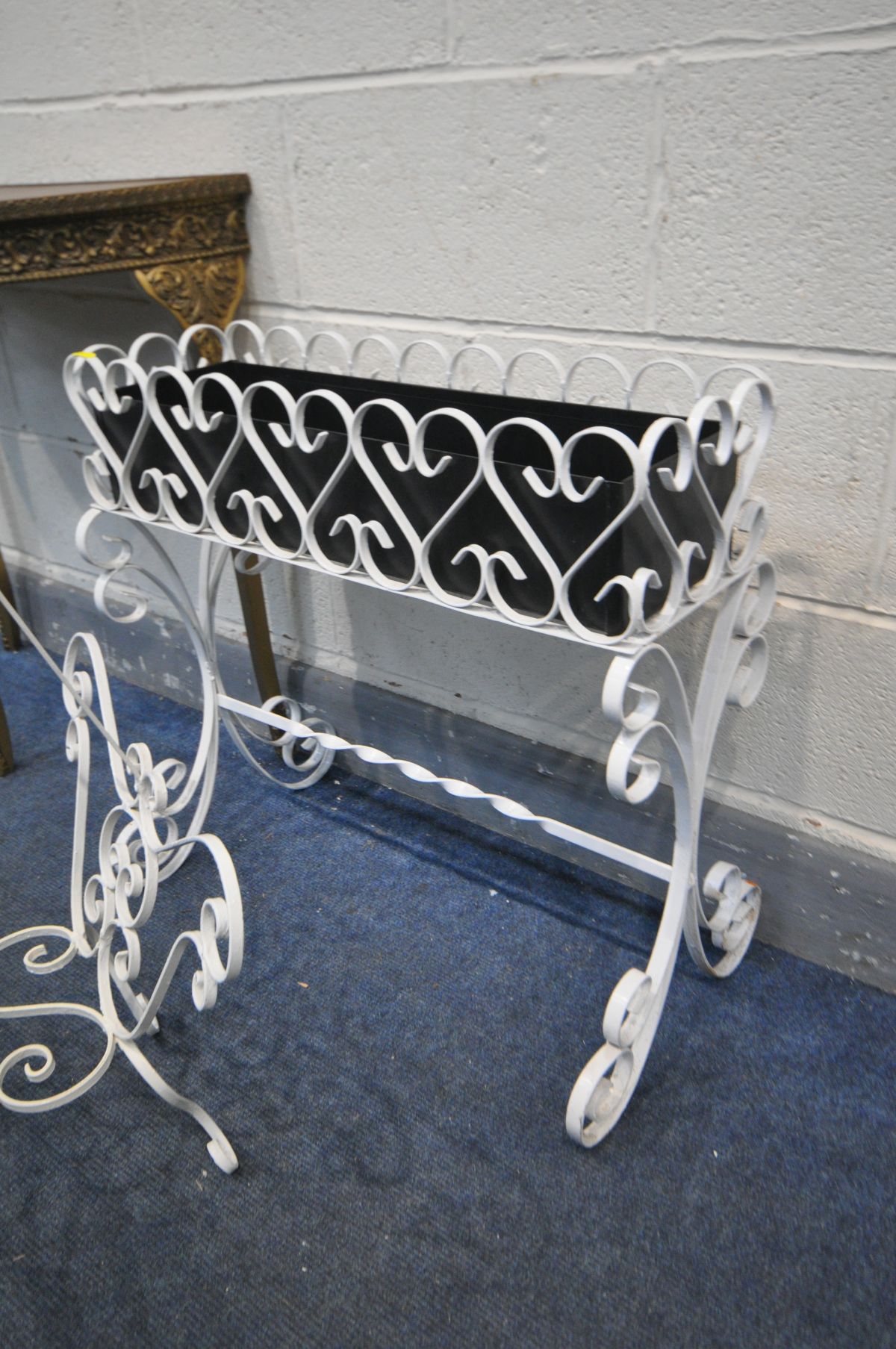 A GILT FRENCH DEMI LUNE HALL TABLE, a wrought iron planter and a metal magazine rack (3) - Image 2 of 3