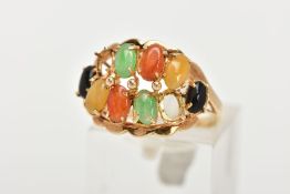 AN AF YELLOW METAL GEM SET RING, (missing two stones), set with eight other oval cabochons