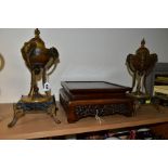 A PAIR OF LATE 19TH CENTURY BRONZED SPELTER URNS AND COVERS OF NEO-CLASSICAL STYLE, flame finial
