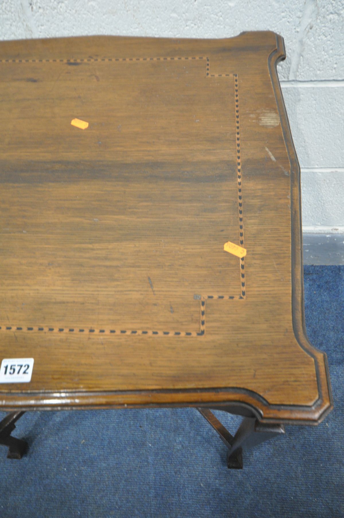 AN EARLY 20TH CENTURY OAK AND STRUNG SQUARE OCCASSIONAL TABLE, with shaped corners, pierced friezes, - Image 3 of 4