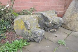 AN OPPOSING PAIR OF VINTAGE SANDSTONE BUILDING CORNER BLOCKS with angel figures protruding from