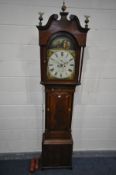 A GEORGE III MAHOGANY AND STRUNG INLAID EIGHT DAY LONGCASE CLOCK, the hood with a swan neck