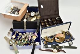 A BOX OF ASSORTED ITEMS, to include various pieces of costume jewellery such as brooches, beaded