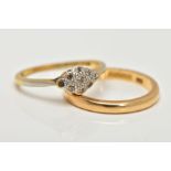 AN 18CT GOLD BAND RING AND YELLOW METAL DIAMOND RING, a plain polished band, approximate width