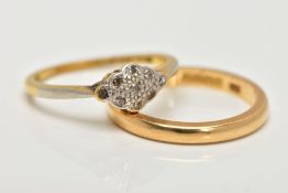 AN 18CT GOLD BAND RING AND YELLOW METAL DIAMOND RING, a plain polished band, approximate width