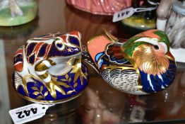 TWO ROYAL CROWN DERBY PAPERWEIGHTS, comprising Frog and Mandarin Duck, both with gold stoppers (