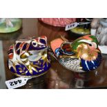 TWO ROYAL CROWN DERBY PAPERWEIGHTS, comprising Frog and Mandarin Duck, both with gold stoppers (