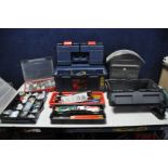 TWO TOOLBOXES AND TWO CASES CONTAINING HANDTOOLS AND D.I.Y SPARES to include screwdrivers,