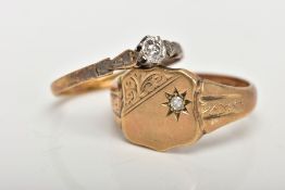 A 9CT GOLD SIGNET RING AND A YELLOW METAL DIAMOND RING, a shield shaped signet engraved with