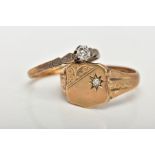 A 9CT GOLD SIGNET RING AND A YELLOW METAL DIAMOND RING, a shield shaped signet engraved with