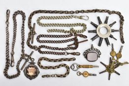 A SILVER DOUBLE ALBERT CHAIN, FOBS, CHAINS AND WATCH KEYS, to include a graduated silver double