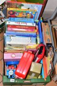 FOUR BOXES AND LOOSE CHILDRENS TOYS, GAMES, BOOKS, ETC including an Early Learning Centre brick