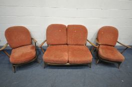 AN ERCOL WINDSOR PRINCE OF WALES BACK LOUNGE SUITE, comprising a two seater settee, and a pair of