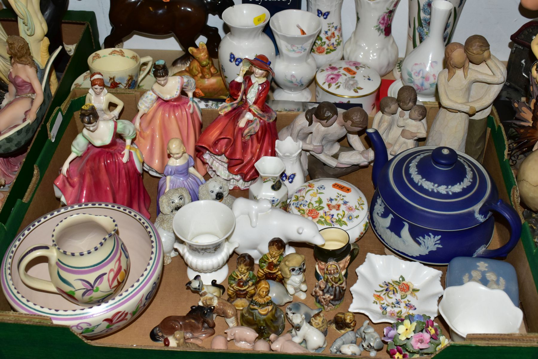 A BOX AND LOOSE CERAMIC GIFTWARES ETC, to include five figurines: Royal Doulton HN2832 Fair Lady,