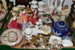 A BOX AND LOOSE CERAMIC GIFTWARES ETC, to include five figurines: Royal Doulton HN2832 Fair Lady,