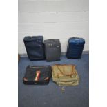 TWO GENTLEMANS GARMENT SUIT BAGS, one labelled 'Lank', along with a Samsonite hard shell suitcase,