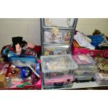 FOUR BOXES AND LOOSE FABRIC, HABERDASHERY AND SEWING ITEMS, to include three boxes of assorted