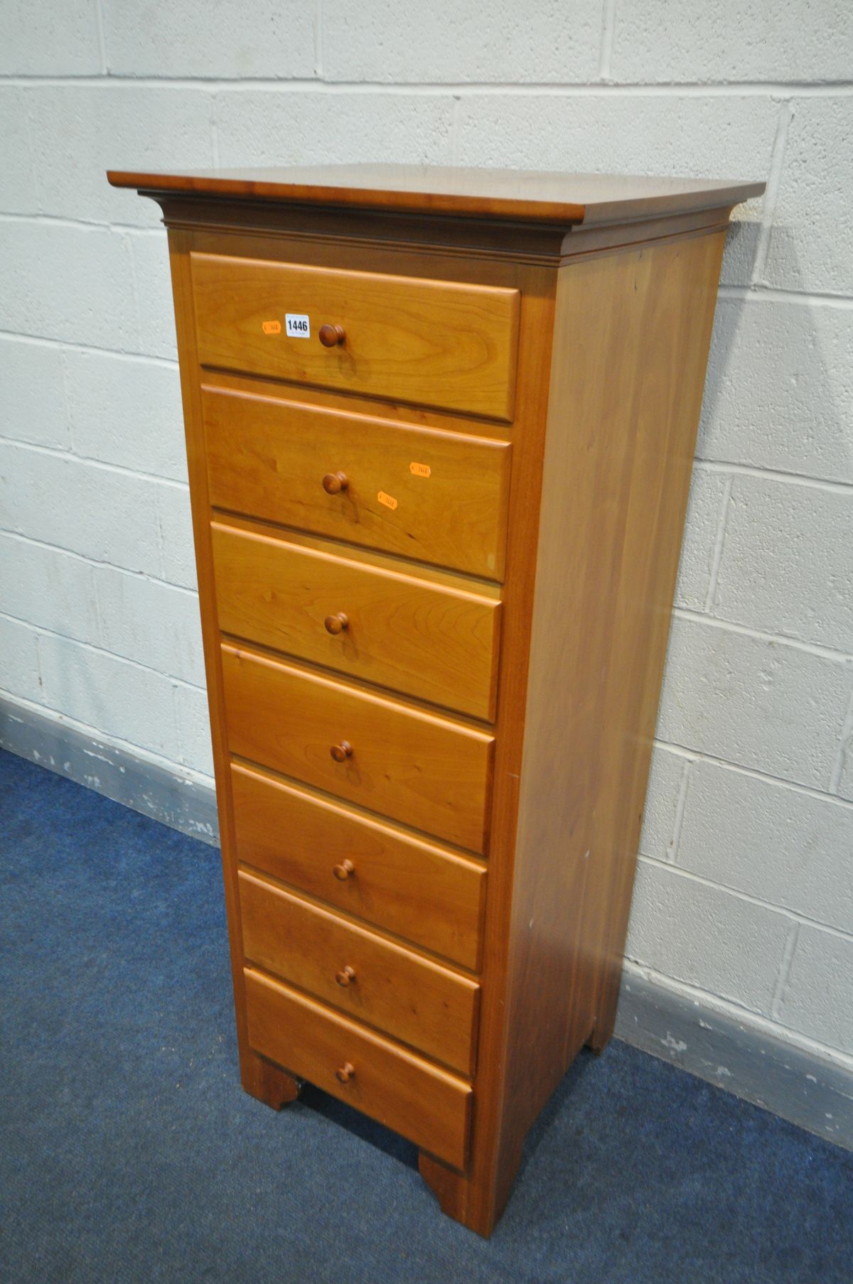A TALL CHERRYWOOD CHEST OF SEVEN DRAWERS, width 56cm x depth 50cm x height 142cm