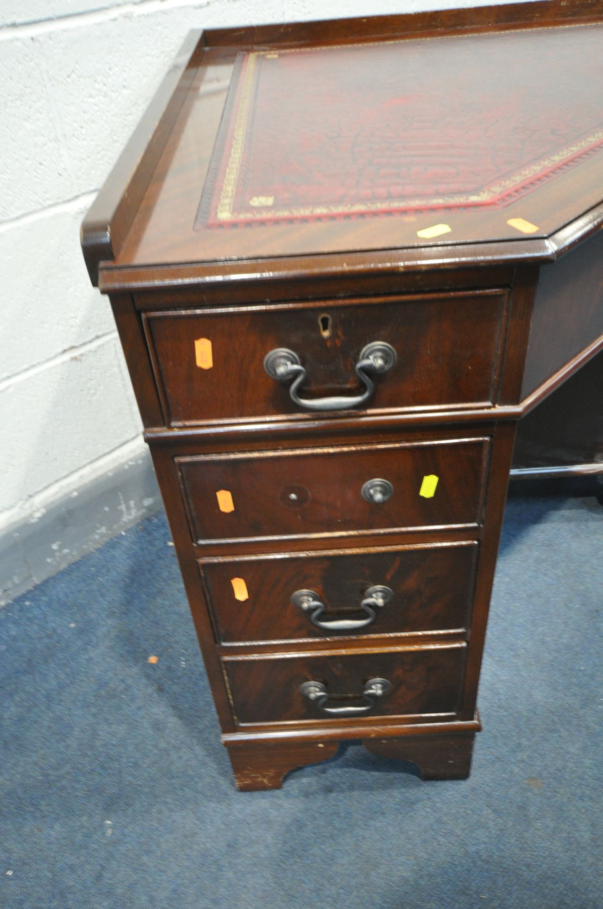 A MAHOGANY CORNER PEDESTAL DESK, with a burgundy leather and gilt tooled inlay top, and an - Image 3 of 3