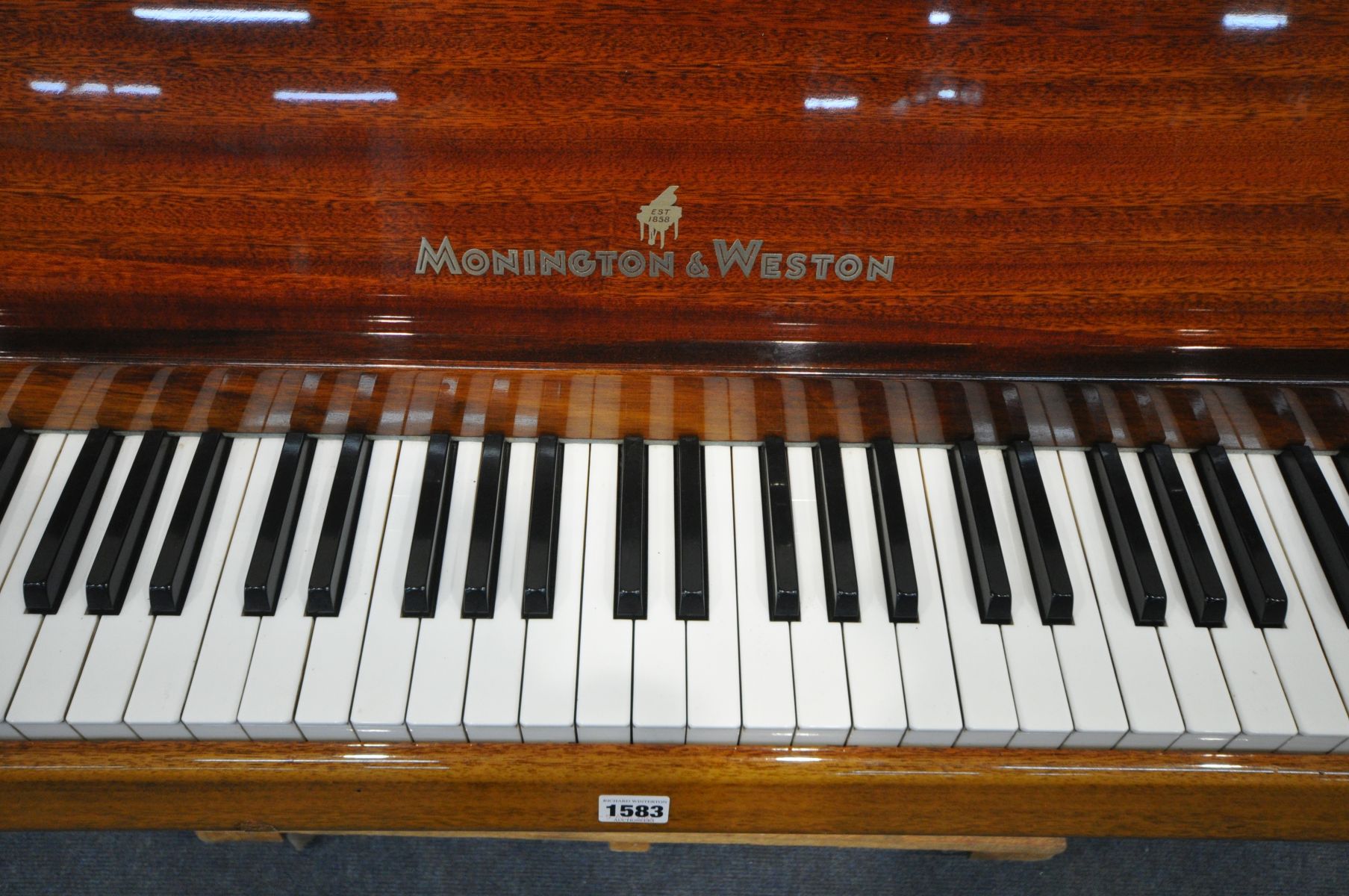A MONINGTON & WESTON MAHOGANY CASED OVERSTUNG UPRIGHT PIANO, serial number 72975 - Image 3 of 3