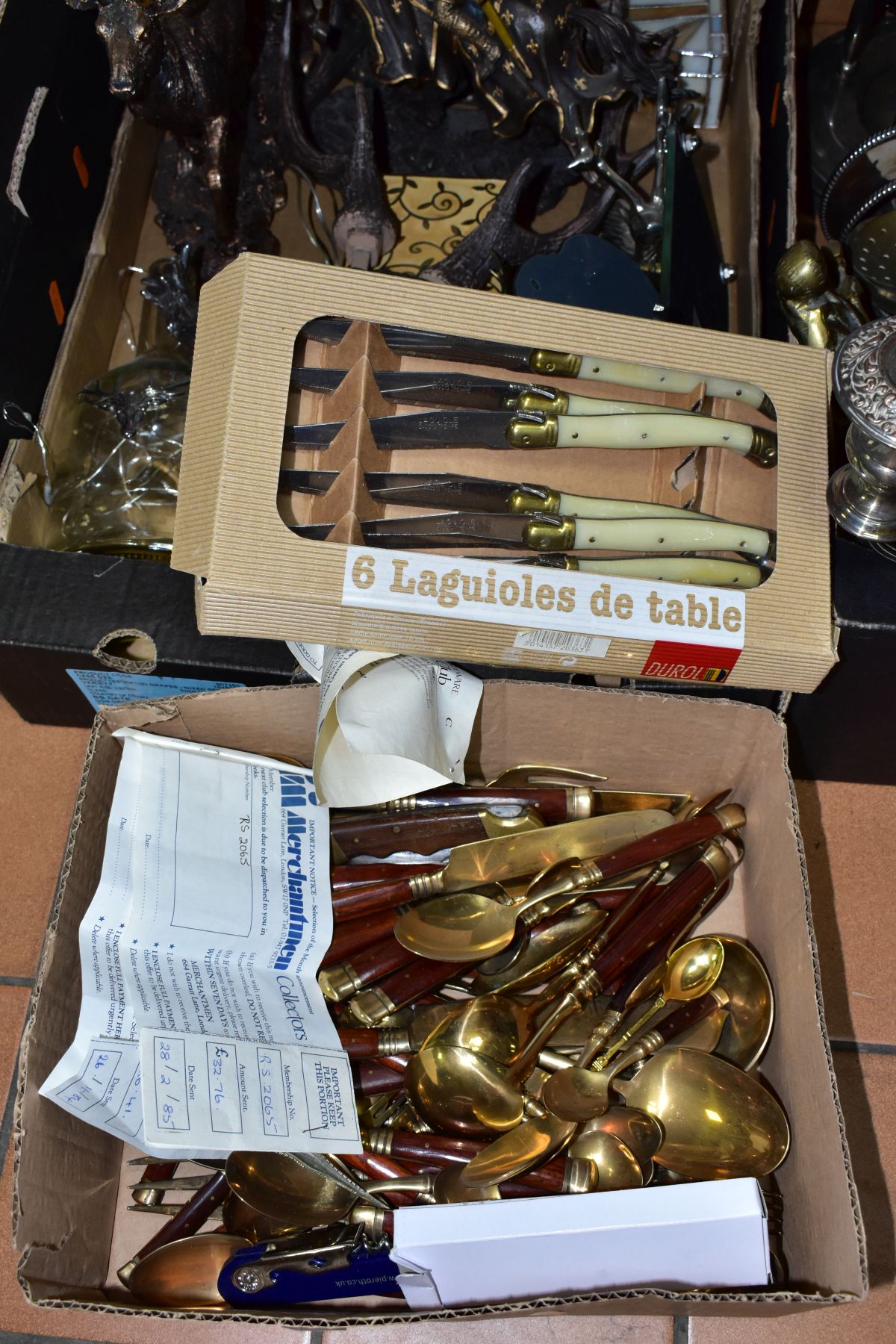 FOUR BOXES OF METALWARES AND SUNDRY ITEMS, to include plated trays, candelabrum and other items, a - Image 2 of 6