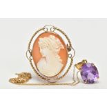 A 9CT GOLD AMETHYST PENDANT NECKLACE AND A 9CT GOLD CAMEO BROOCH, the pendant set with an oval cut