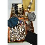 A BOX OF ASSORTED WHITE METAL WARE, to include a pair of silver plated copper candle sticks, each