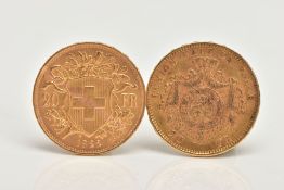 A PAIR OF .900 Fine GOLD COINS 8.45gr each Switzerland 20 francs, together with a Belgium gold 20-