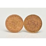 A PAIR OF .900 Fine GOLD COINS 8.45gr each Switzerland 20 francs, together with a Belgium gold 20-