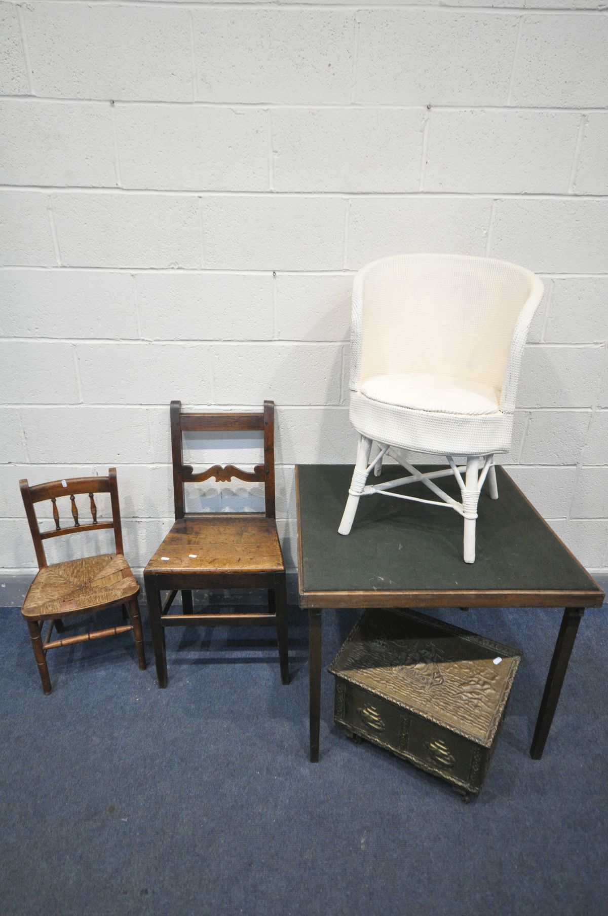 AN 18TH CENTURY OAK CHAIR, a beech rush seated child's chair, a wicket bedroom chair, a beech