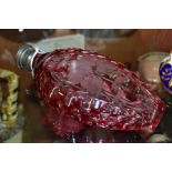A LATE 19TH CENTURY CRANBERRY FLASK GLASS FLASK, one side etched with initials, flowers and a