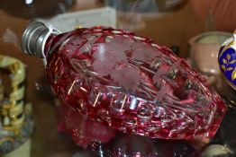 A LATE 19TH CENTURY CRANBERRY FLASK GLASS FLASK, one side etched with initials, flowers and a